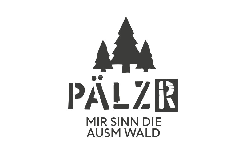 PÄLZR Markenlogo mit stilisierten Bäumen und dem Schriftzug Mir sinn die ausm Wald