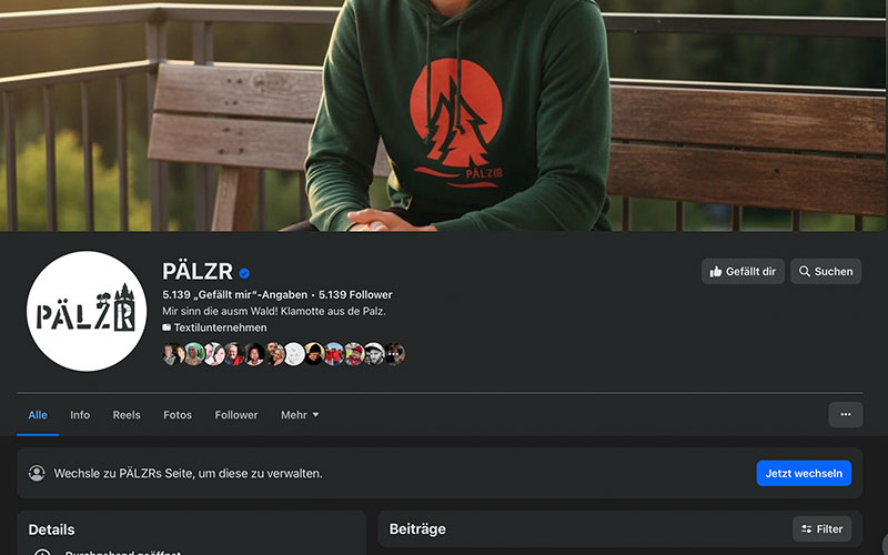 Social-Media-Auftritt der Marke PÄLZR mit Produktmotiv