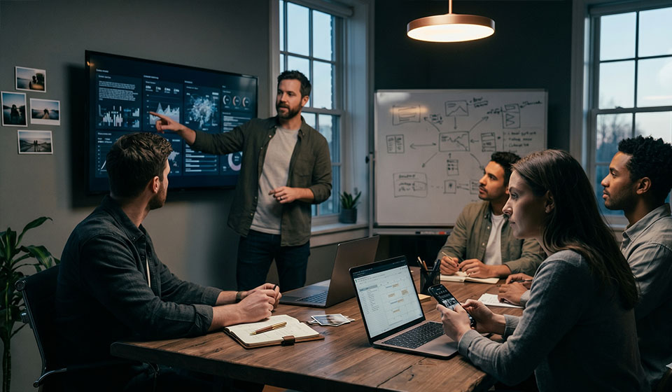 Workshop-Szene mit Präsentation und gemeinsamer Arbeit am Tisch